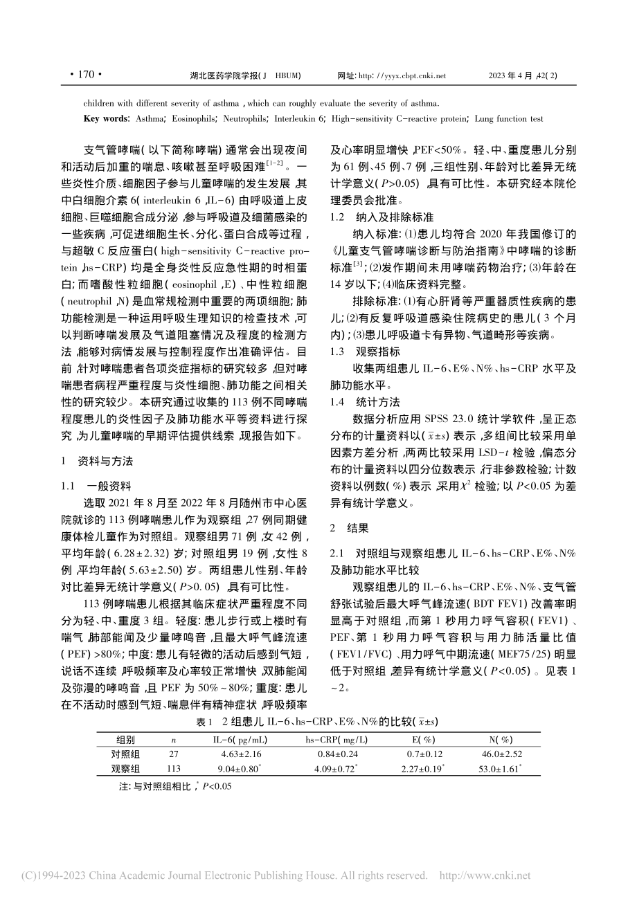 不同哮喘程度与炎性因子水平及肺功能相关性研究_冯鹤.pdf_第2页