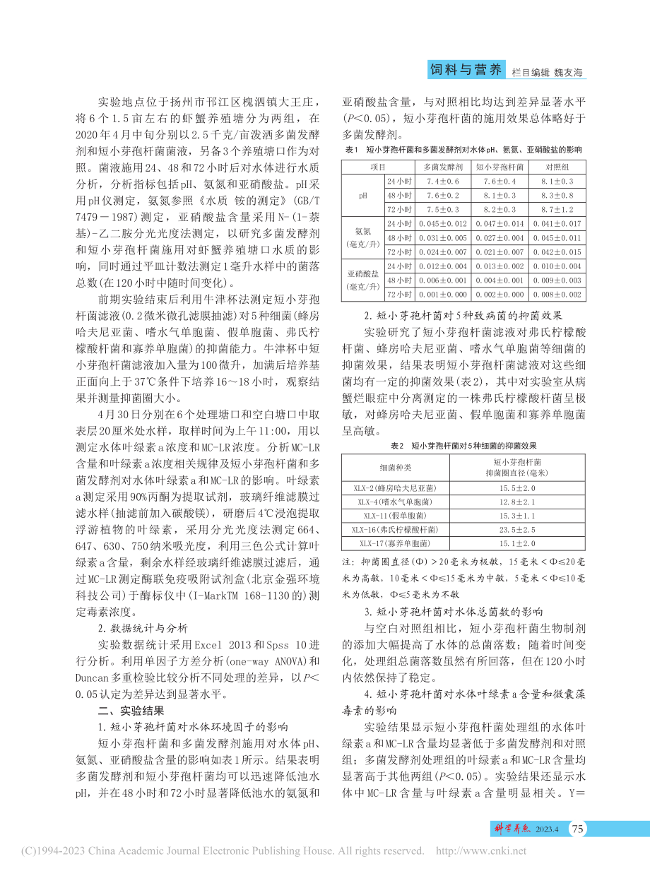 短小芽孢杆菌制剂在虾蟹混养池塘中应用影响分析_侯颖.pdf_第2页