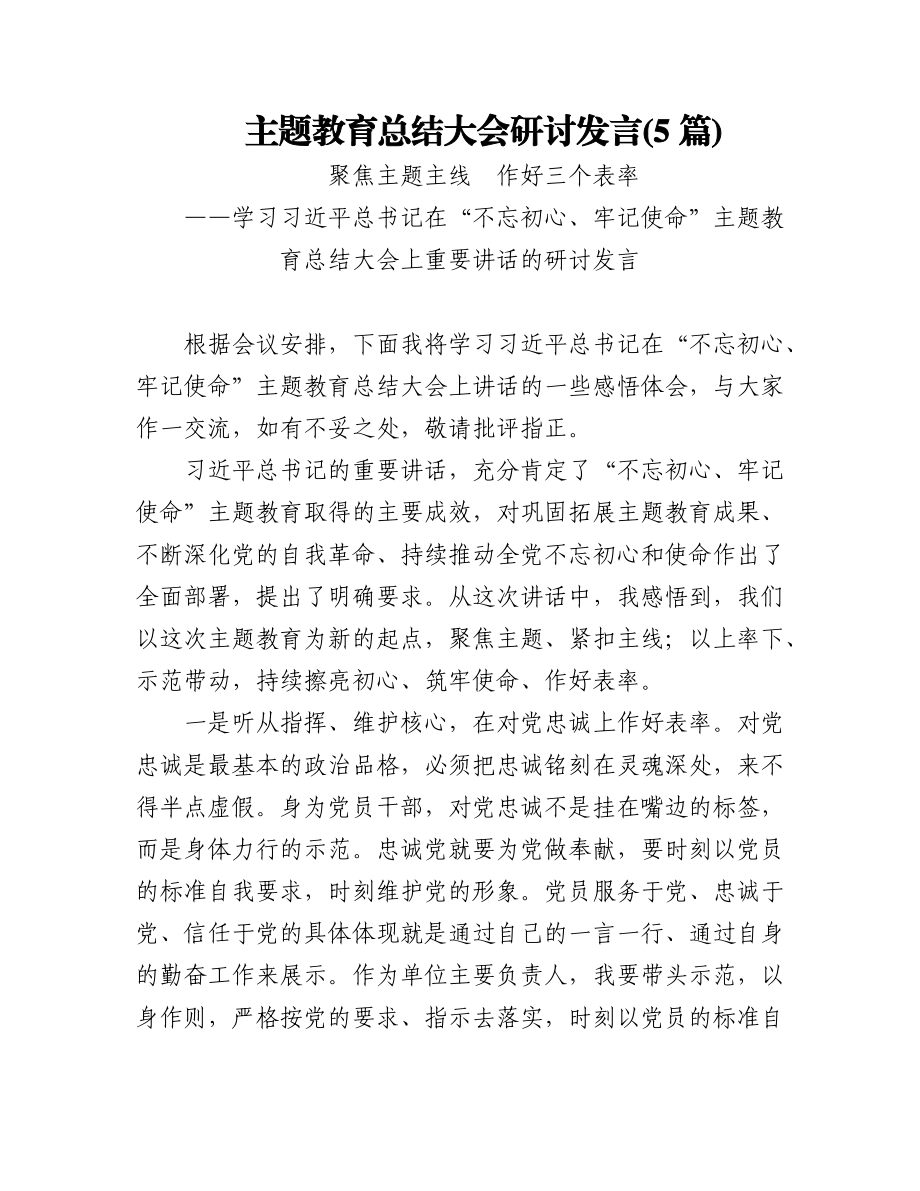 2023年(5篇)主题教育总结大会研讨发言.docx_第1页