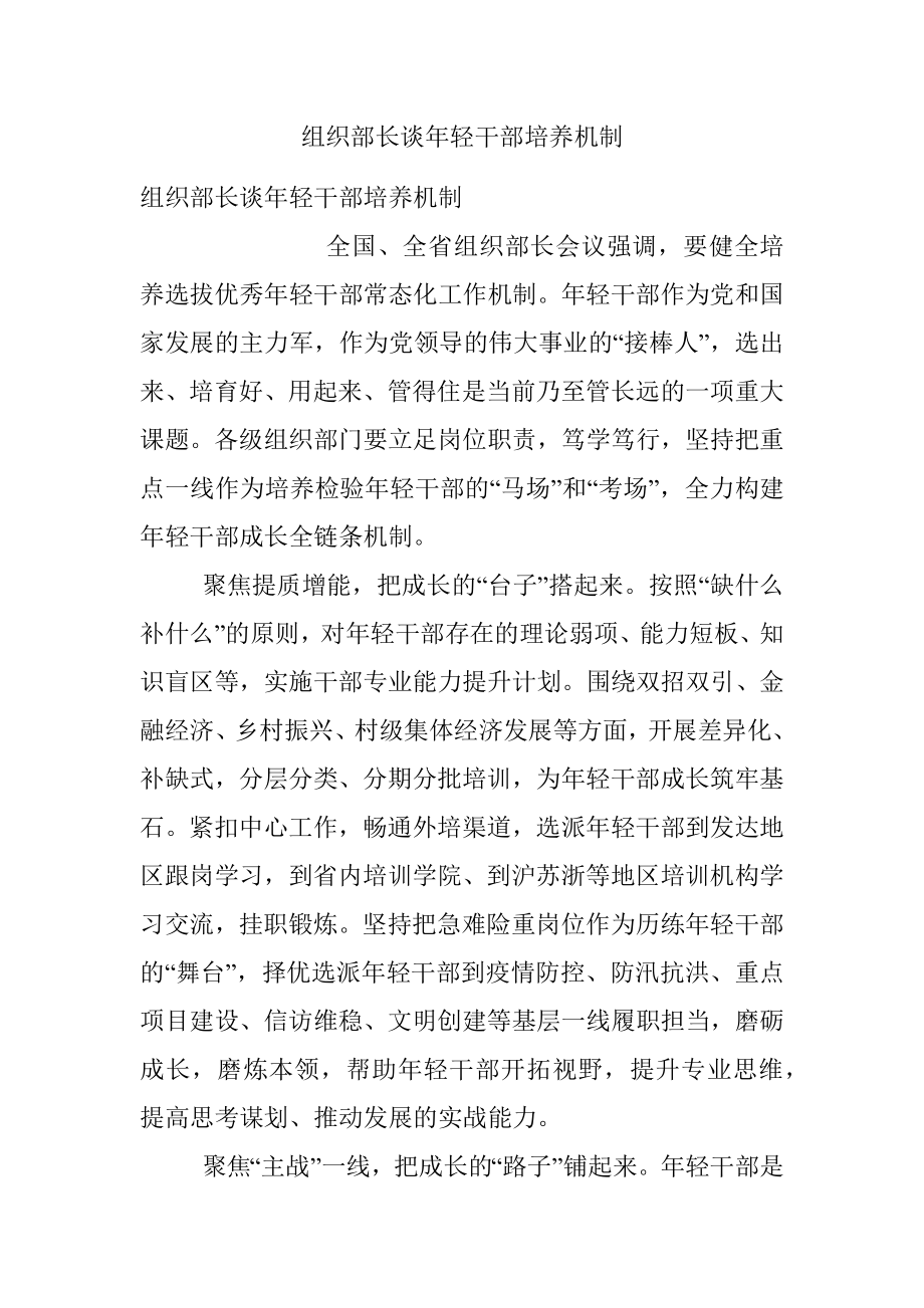 组织部长谈年轻干部培养机制.docx_第1页