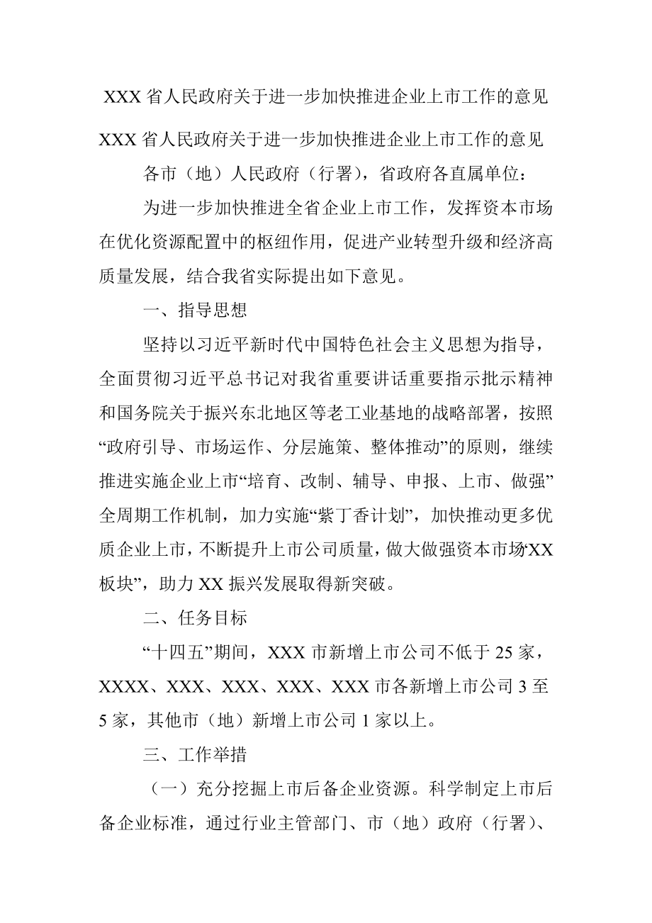 XXX省人民政府关于进一步加快推进企业上市工作的意见.docx_第1页