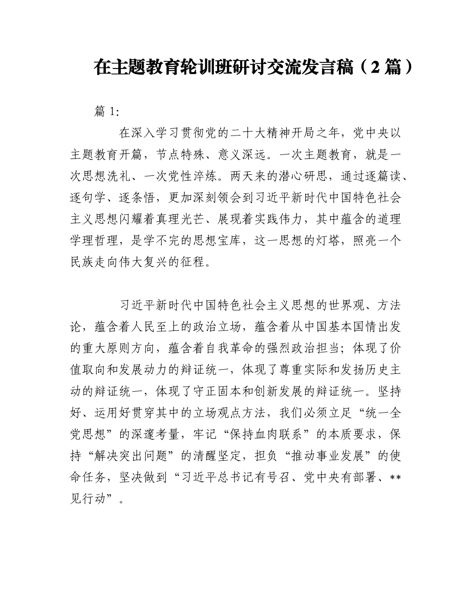 2023年（2篇）主题教育轮训班研讨交流发言稿.docx_第1页