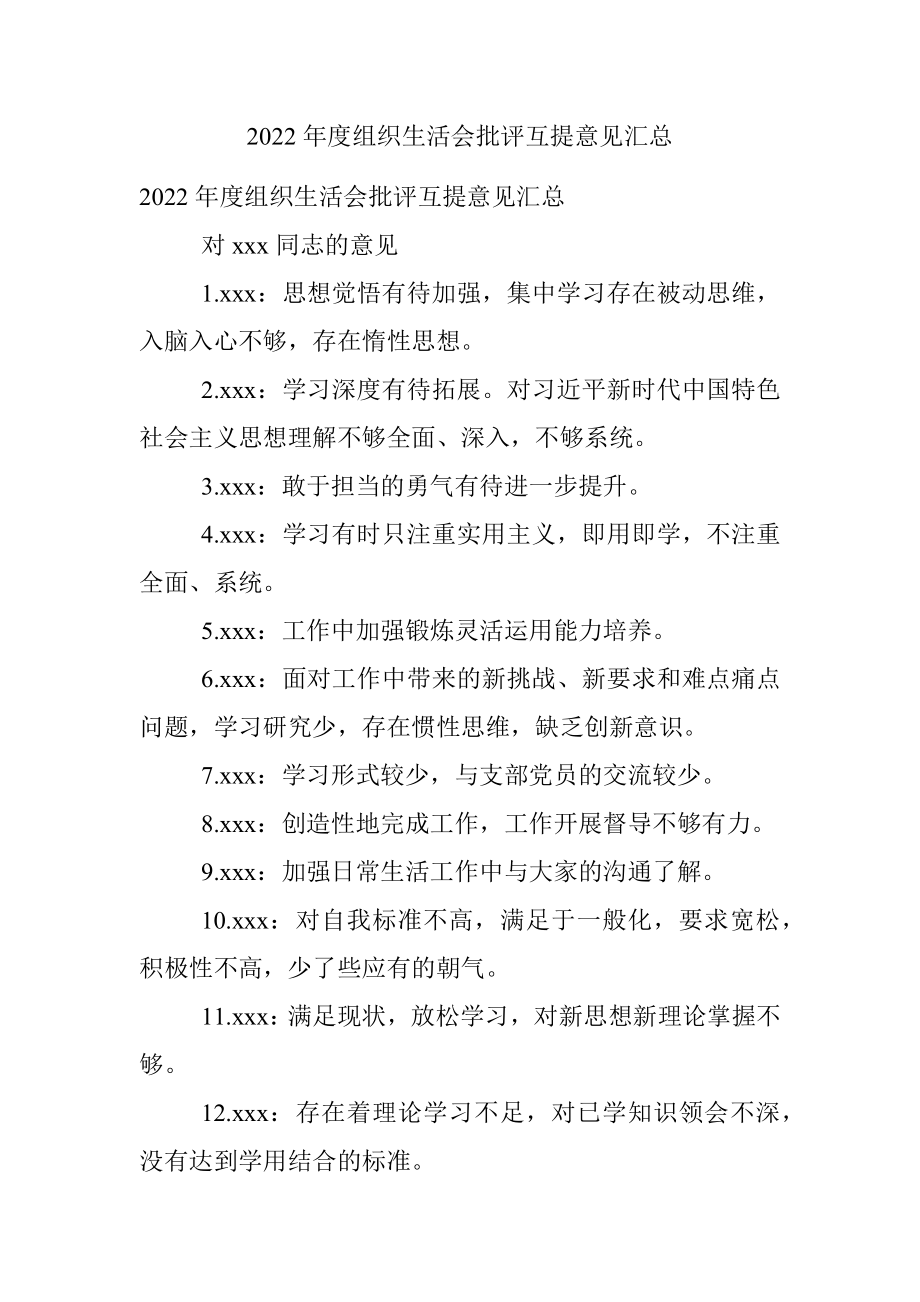 2022年度组织生活会批评互提意见汇总.docx_第1页