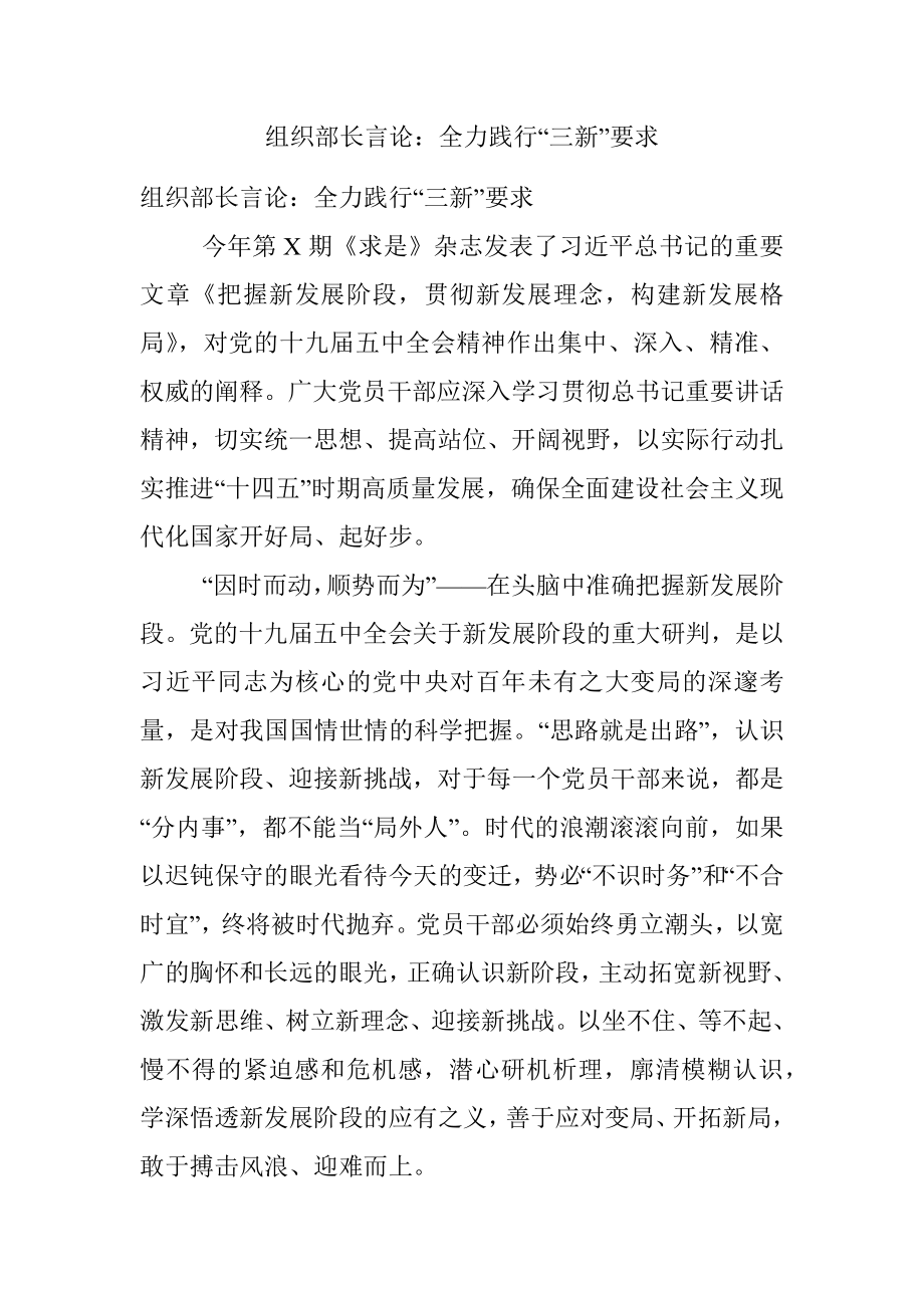 组织部长言论：全力践行“三新”要求.docx_第1页