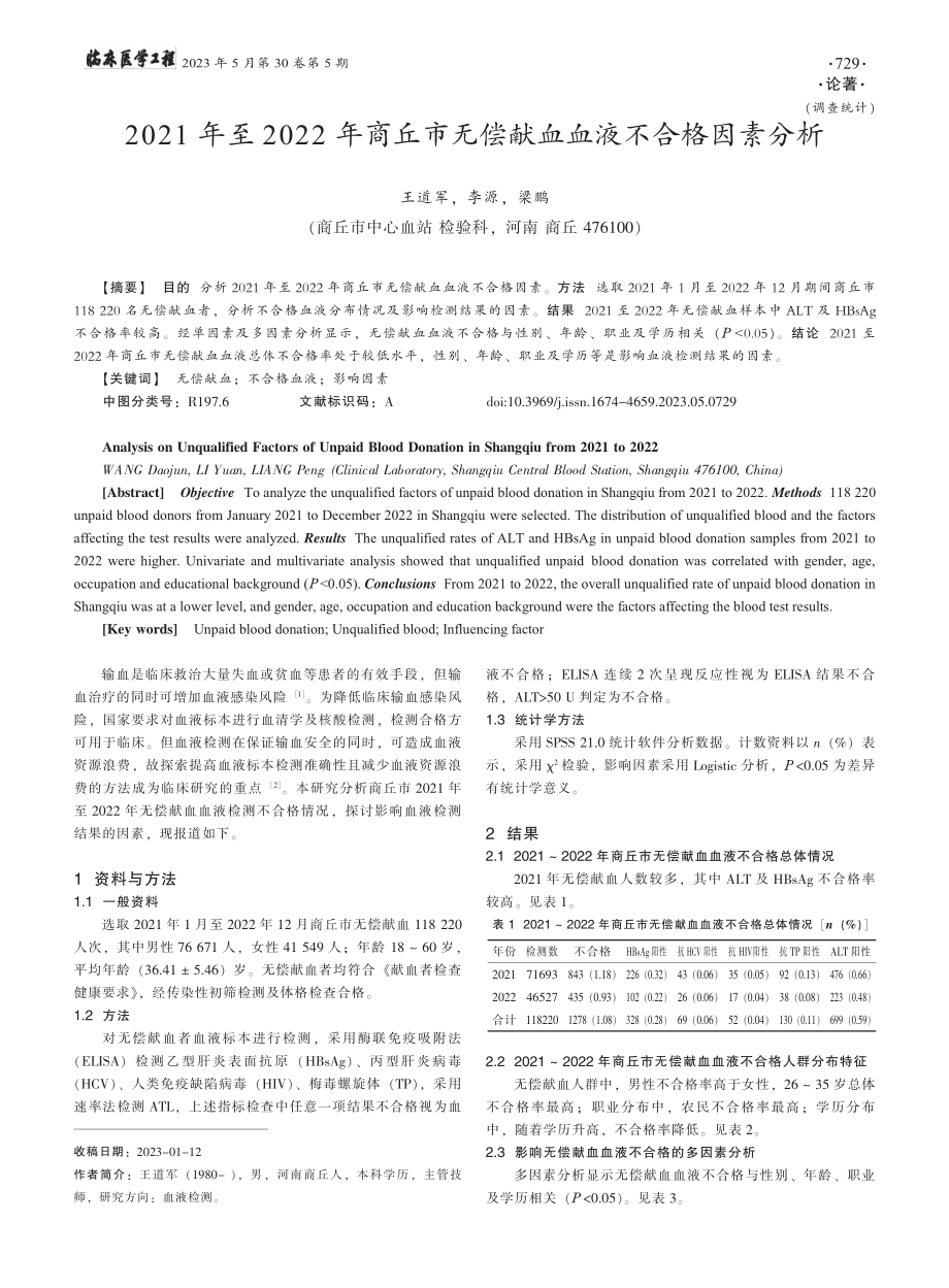 2021年至2022年商丘...无偿献血血液不合格因素分析_王道军.pdf_第1页