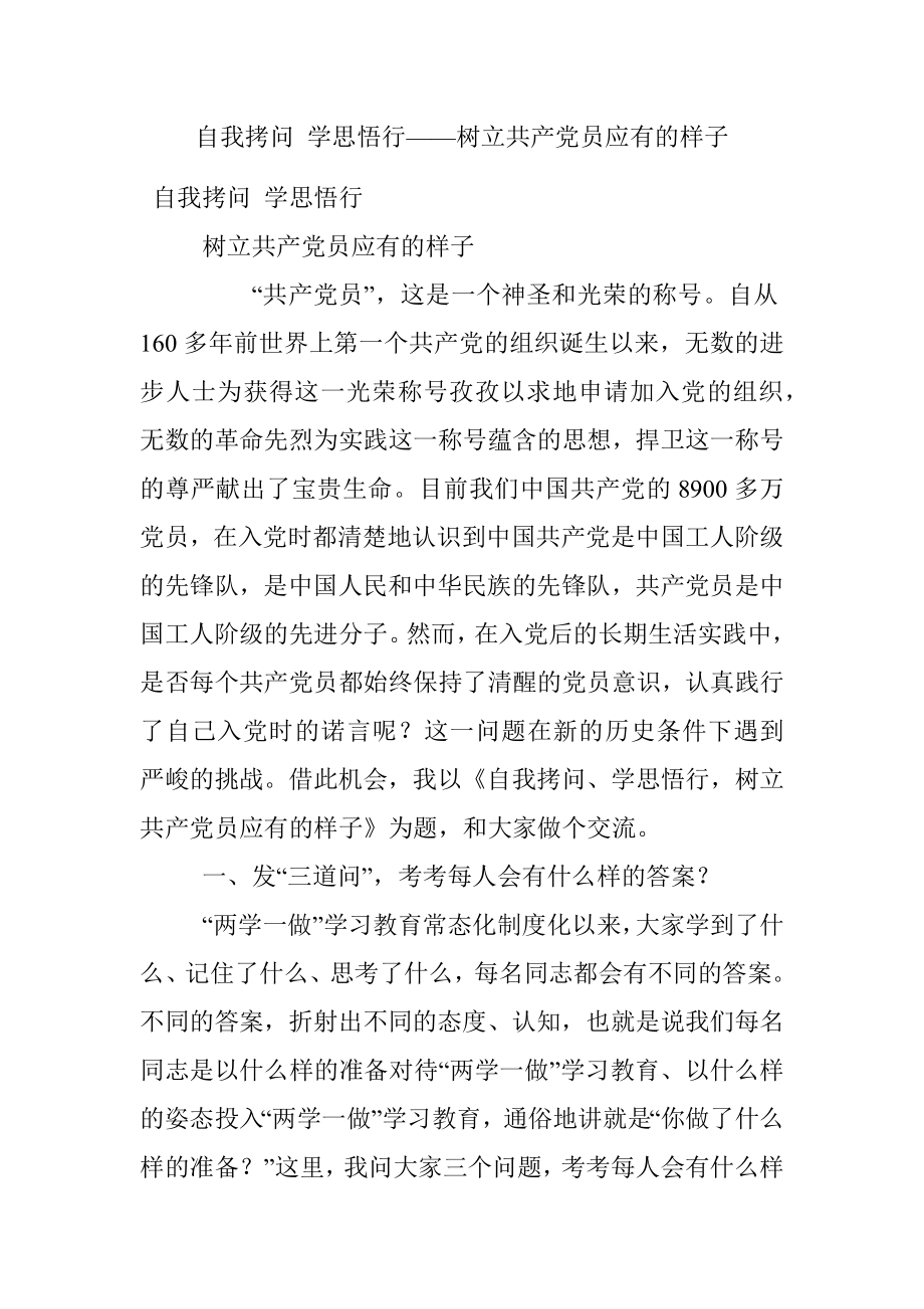 自我拷问 学思悟行——树立共产党员应有的样子.docx_第1页