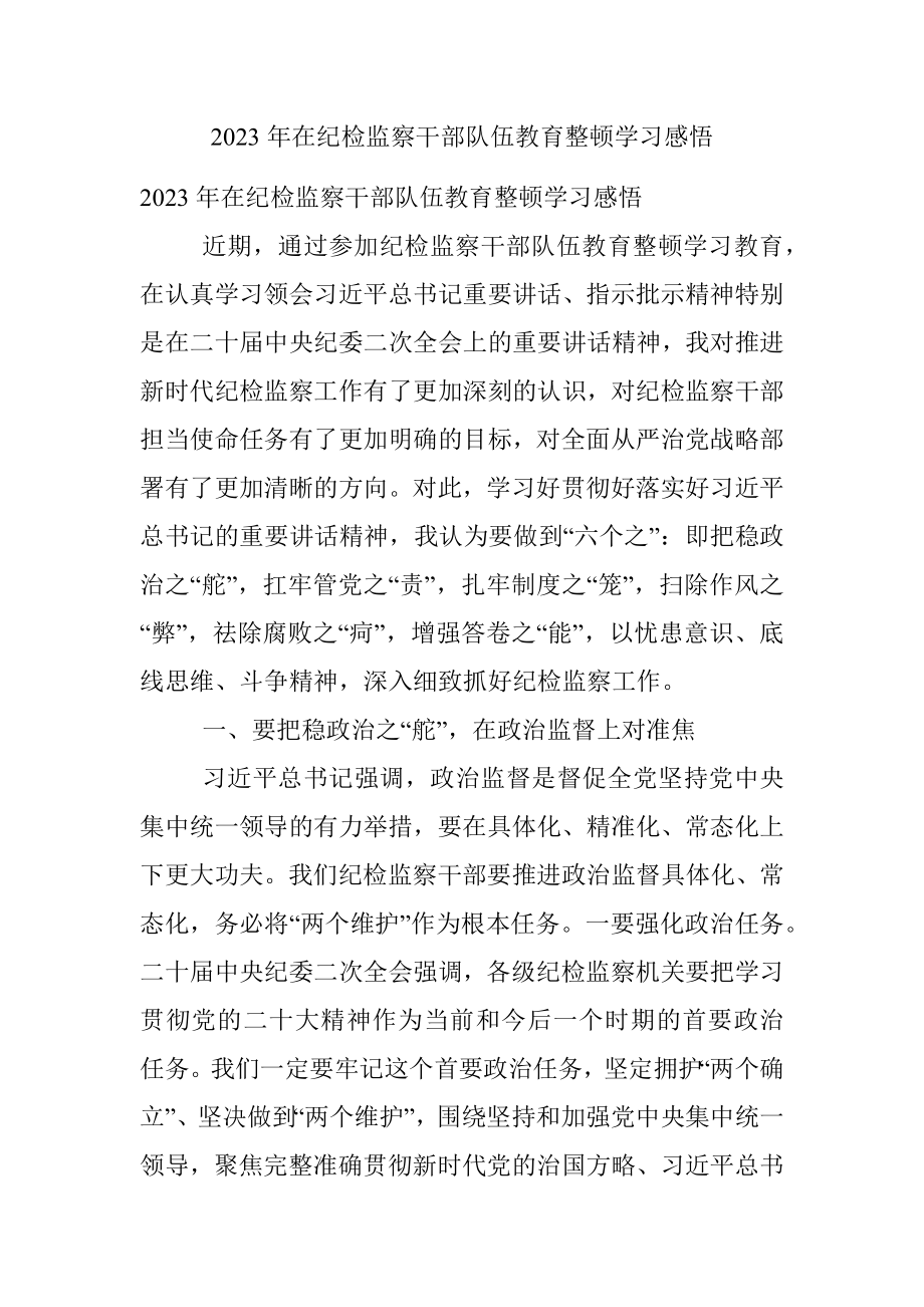 2023年在纪检监察干部队伍教育整顿学习感悟.docx_第1页