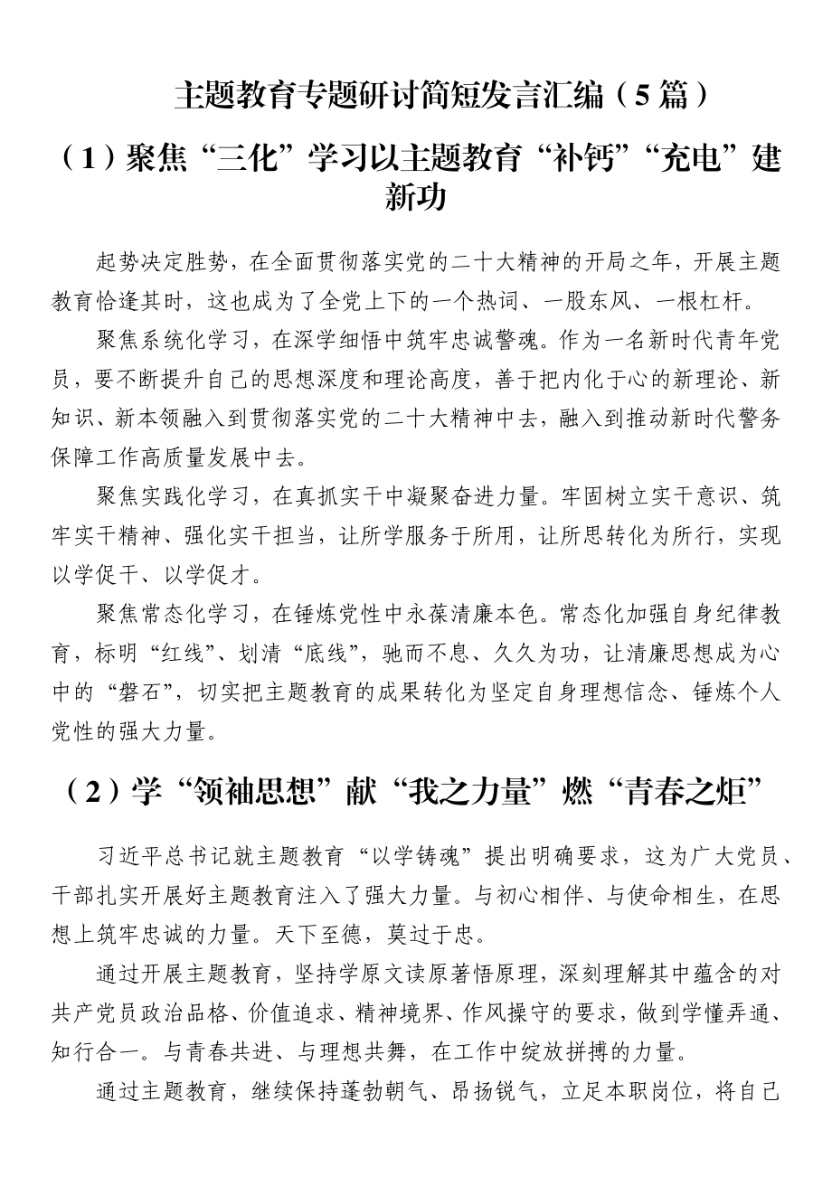 （5篇）主题教育专题研讨简短发言汇编.docx_第1页