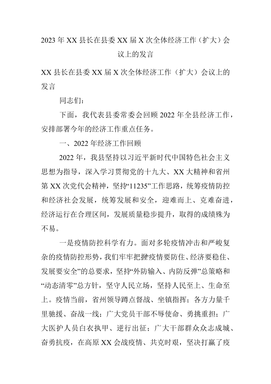 2023年XX县长在县委XX届X次全体经济工作（扩大）会议上的发言.docx_第1页