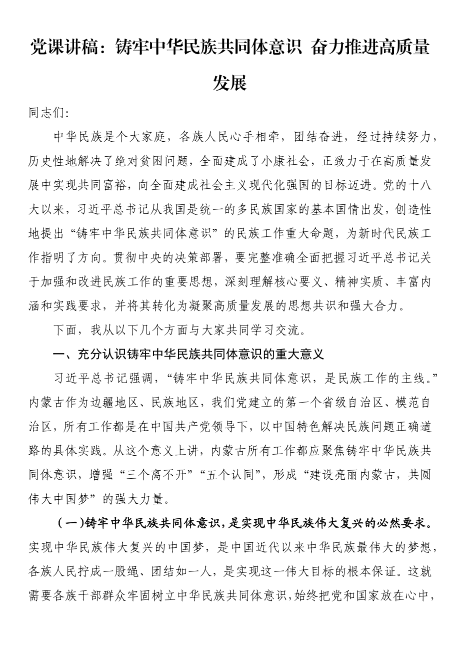 党课讲稿：铸牢中华民族共同体意识 奋力推进高质量发展.docx_第1页