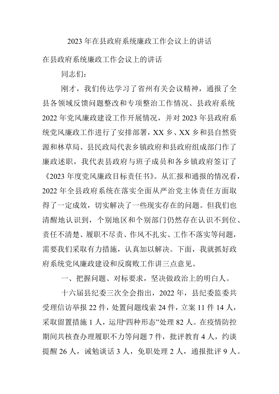 2023年在县政府系统廉政工作会议上的讲话.docx_第1页