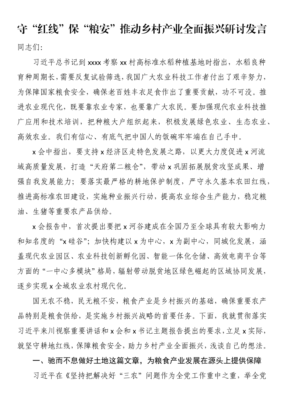 守“红线”保“粮安”推动乡村产业全面振兴研讨发言.docx_第1页