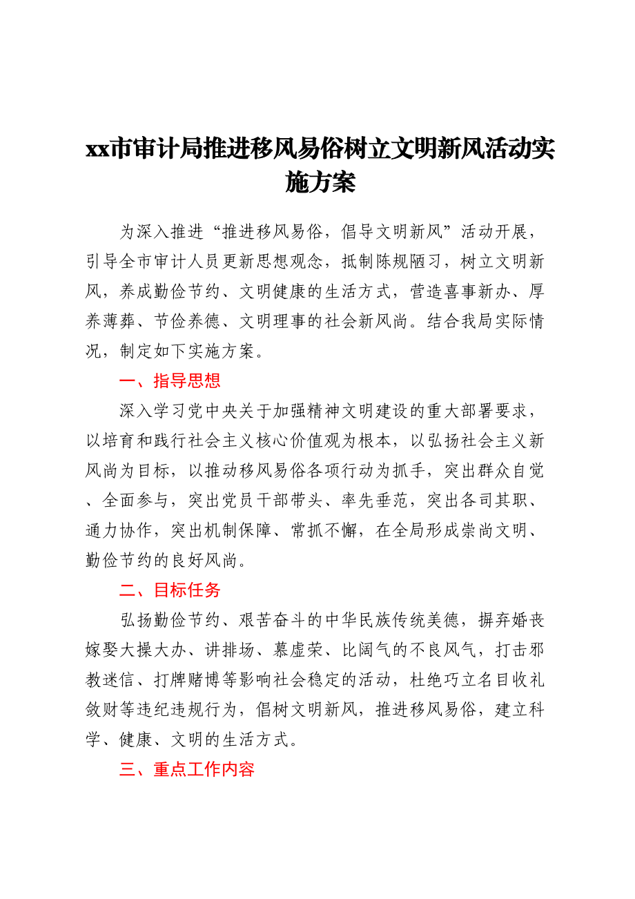 XX市审计局推进移风易俗树立文明新风活动实施方案.docx_第1页