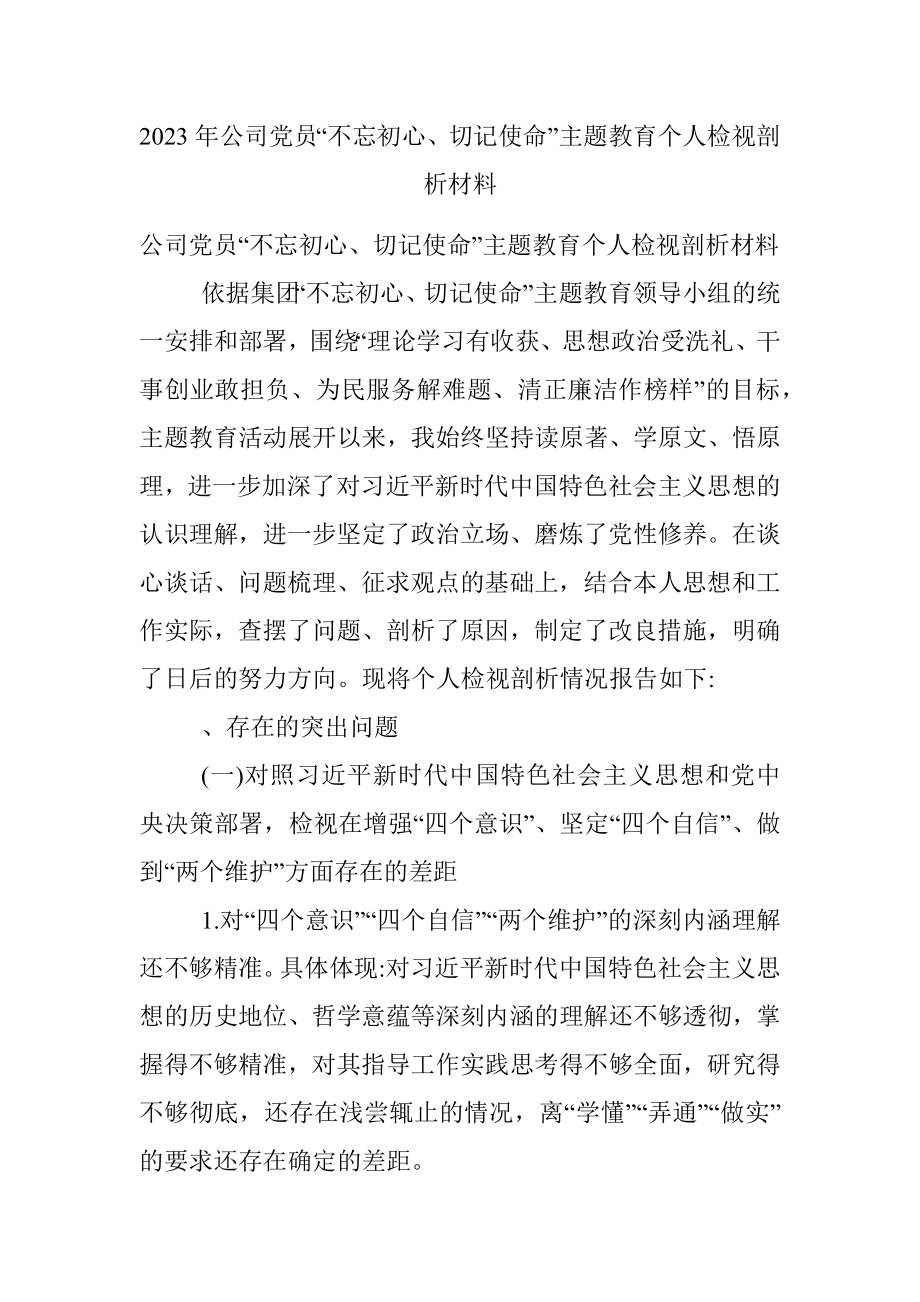 2023年公司党员“不忘初心、切记使命”主题教育个人检视剖析材料.docx_第1页