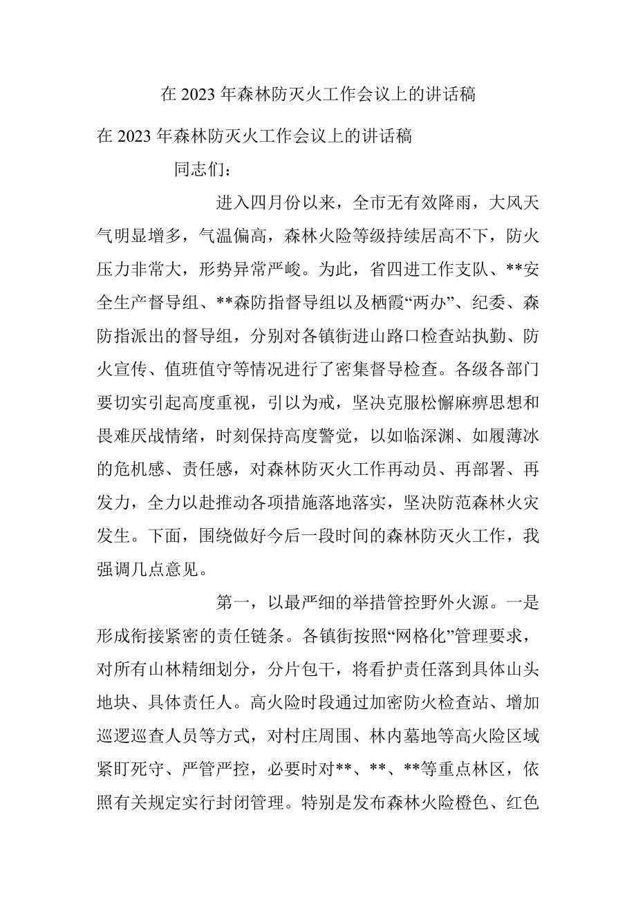 在2023年森林防灭火工作会议上的讲话稿.docx_第1页