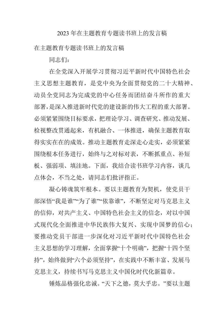 2023年在主题教育专题读书班上的发言稿.docx_第1页