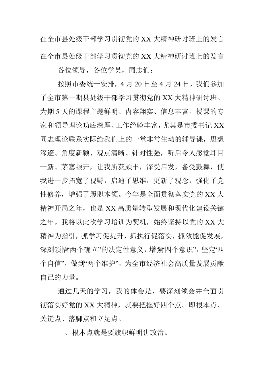 在全市县处级干部学习贯彻党的XX大精神研讨班上的发言.docx_第1页