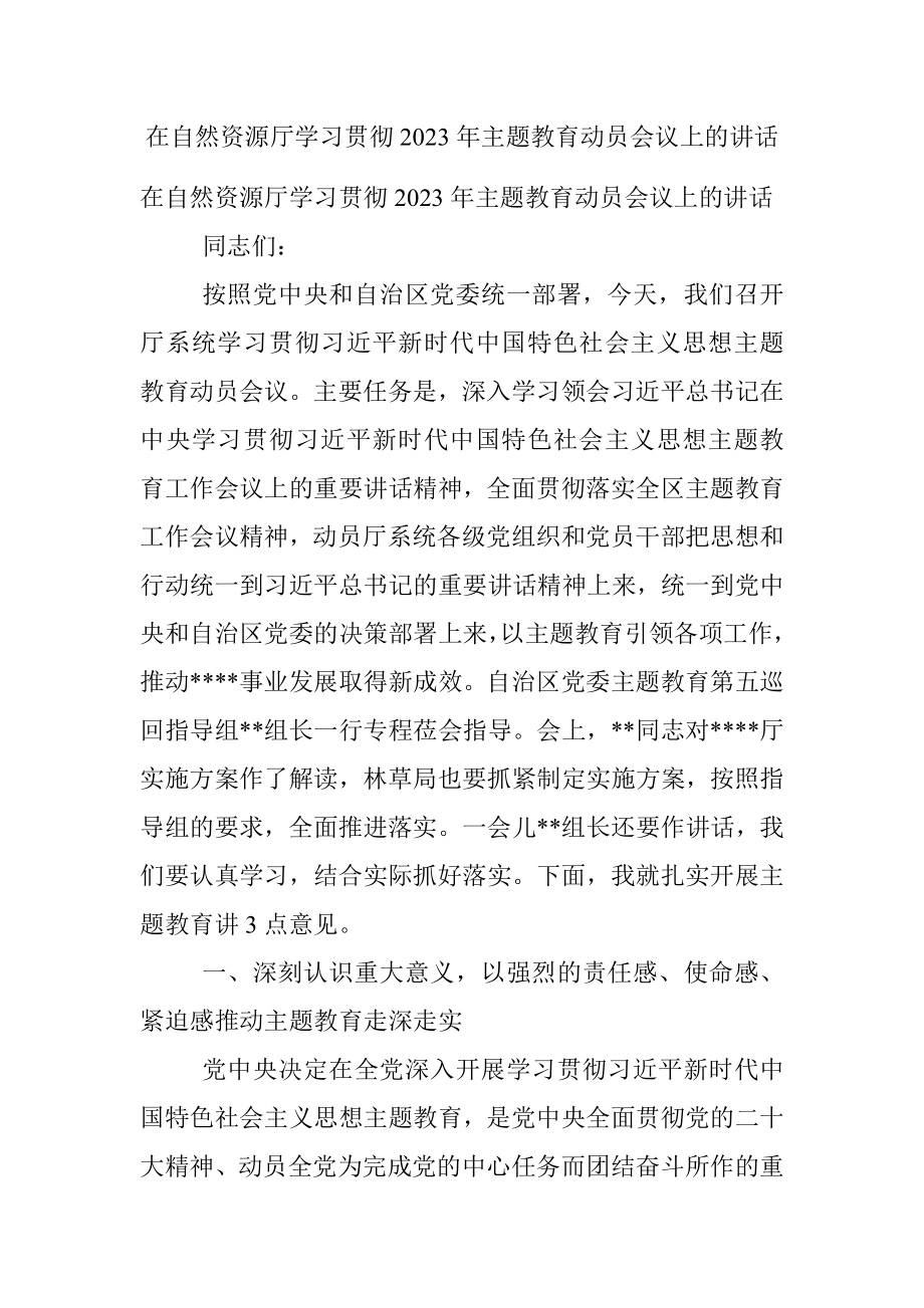 在自然资源厅学习贯彻2023年主题教育动员会议上的讲话_1.docx_第1页