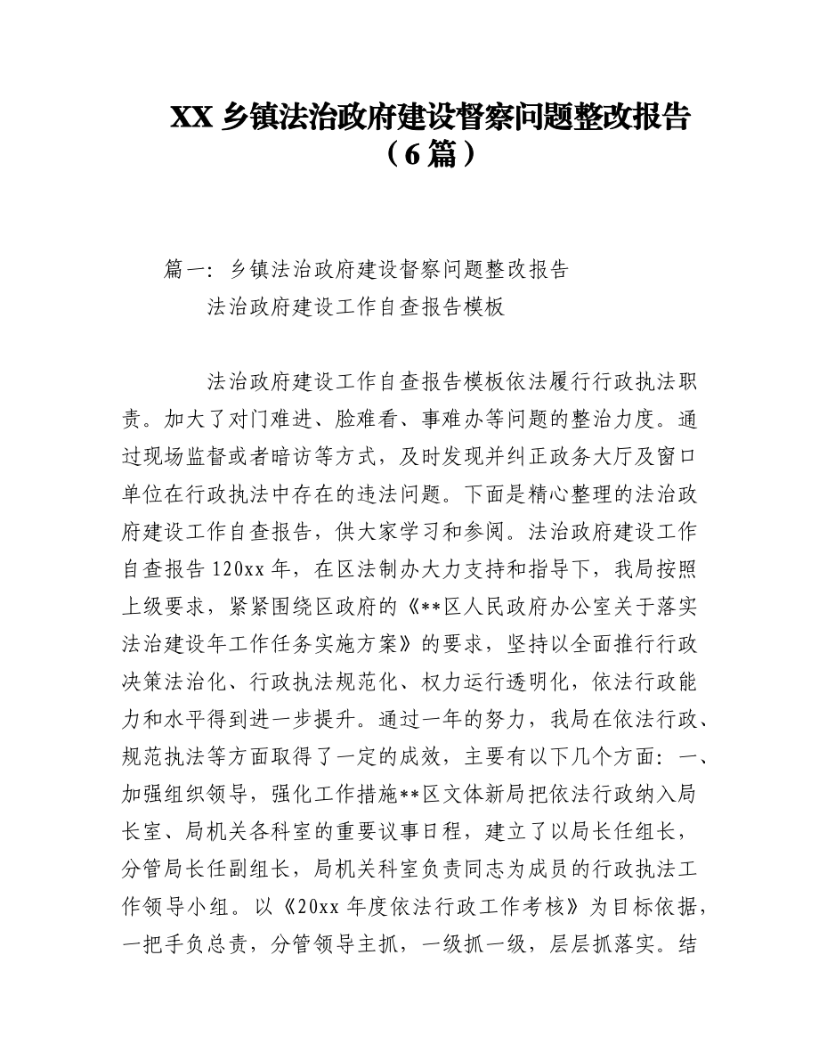 2023年（6篇）XX乡镇法治政府建设督察问题整改报告.docx_第1页