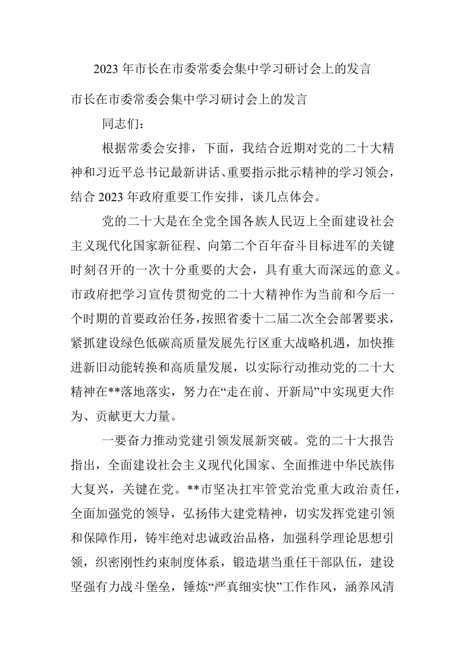 2023年市长在市委常委会集中学习研讨会上的发言.docx_第1页