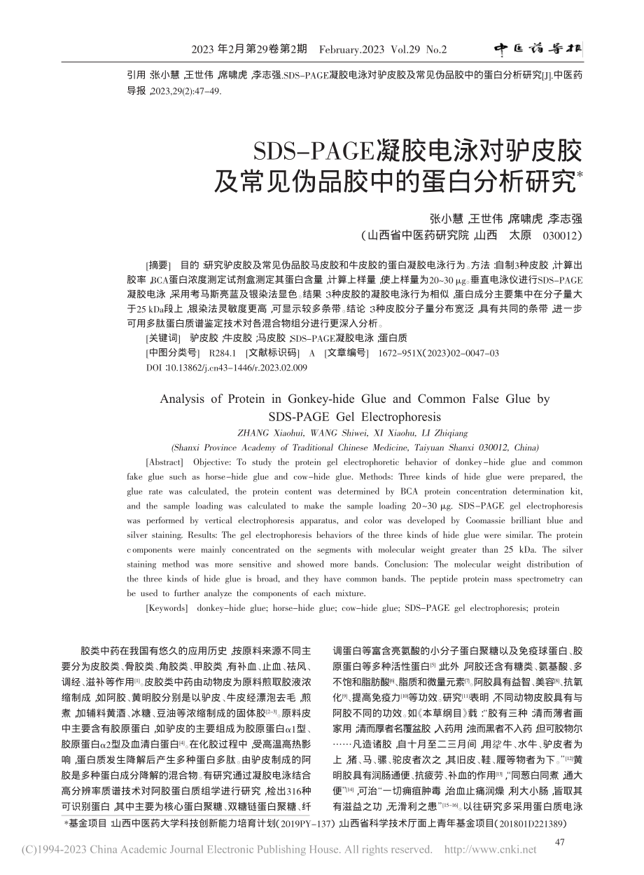 SDS-PAGE凝胶电泳对...常见伪品胶中的蛋白分析研究_张小慧.pdf_第1页