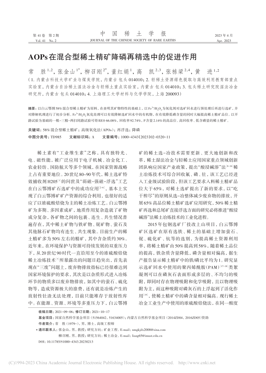 AOPs在混合型稀土精矿降磷再精选中的促进作用_常胜.pdf_第1页