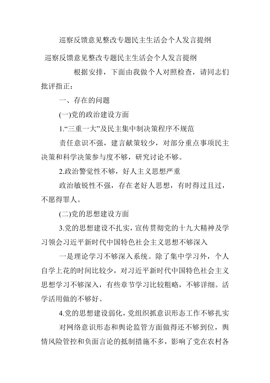 巡察反馈意见整改专题民主生活会个人发言提纲.docx_第1页