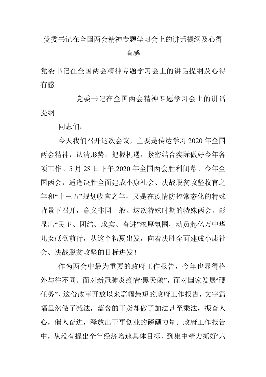 党委书记在全国两会精神专题学习会上的讲话提纲及心得有感.docx_第1页