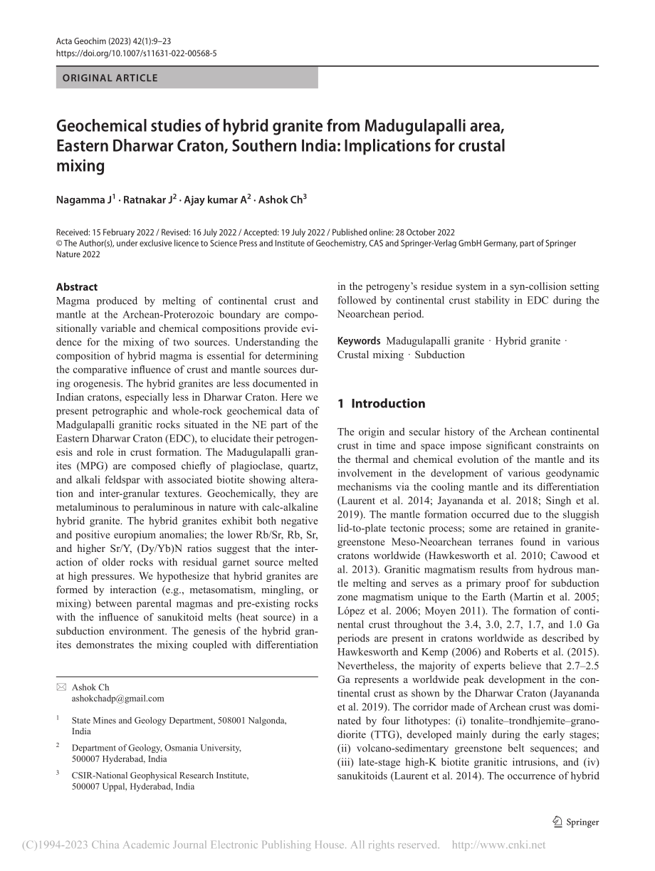 Geochemical s...rustal mixing_Nagamma J.pdf_第1页