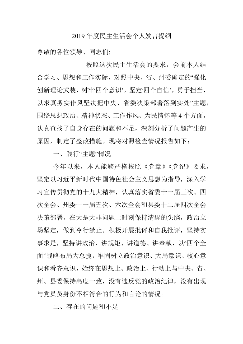 2019年度民主生活会个人发言提纲.docx_第1页