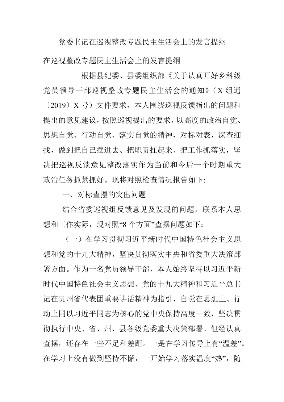 党委书记在巡视整改专题民主生活会上的发言提纲.docx_第1页