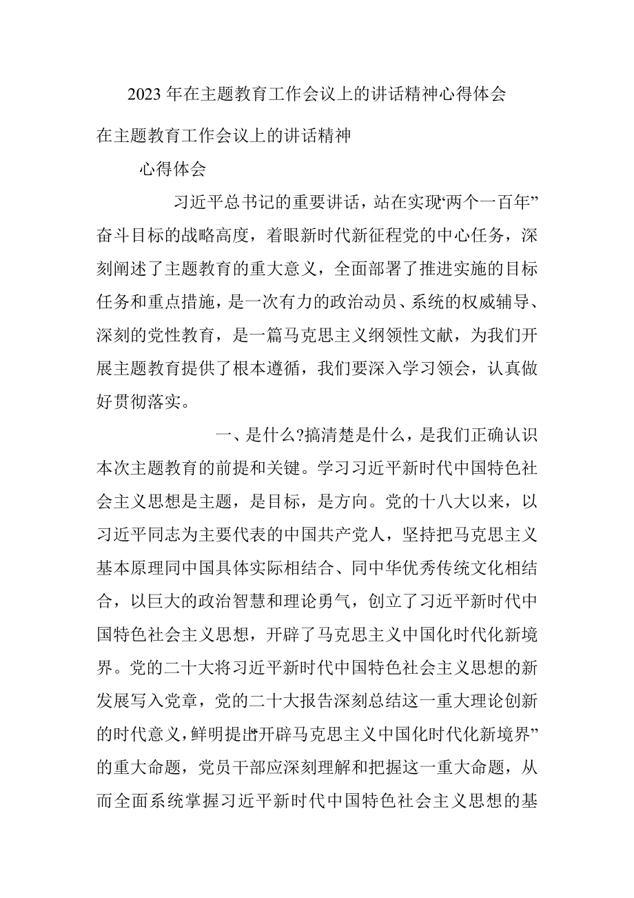 2023年在主题教育工作会议上的讲话精神心得体会.docx_第1页