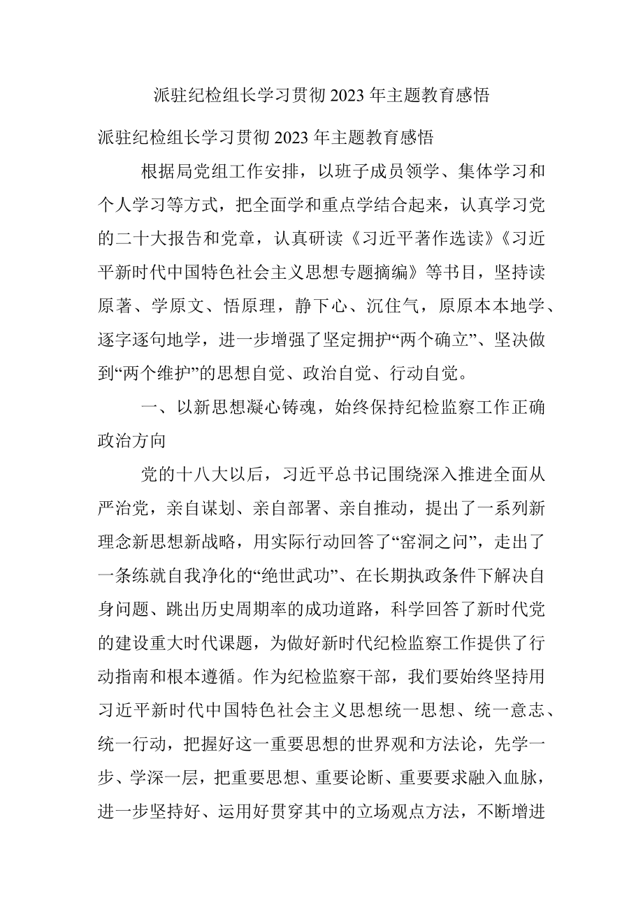 派驻纪检组长学习贯彻2023年主题教育感悟.docx_第1页