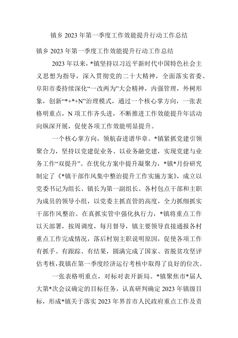 镇乡2023年第一季度工作效能提升行动工作总结.docx_第1页