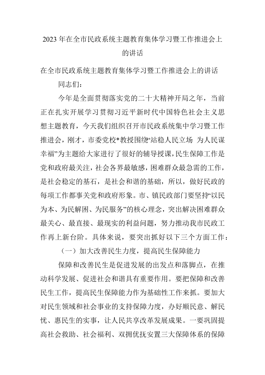 2023年在全市民政系统主题教育集体学习暨工作推进会上的讲话.docx_第1页