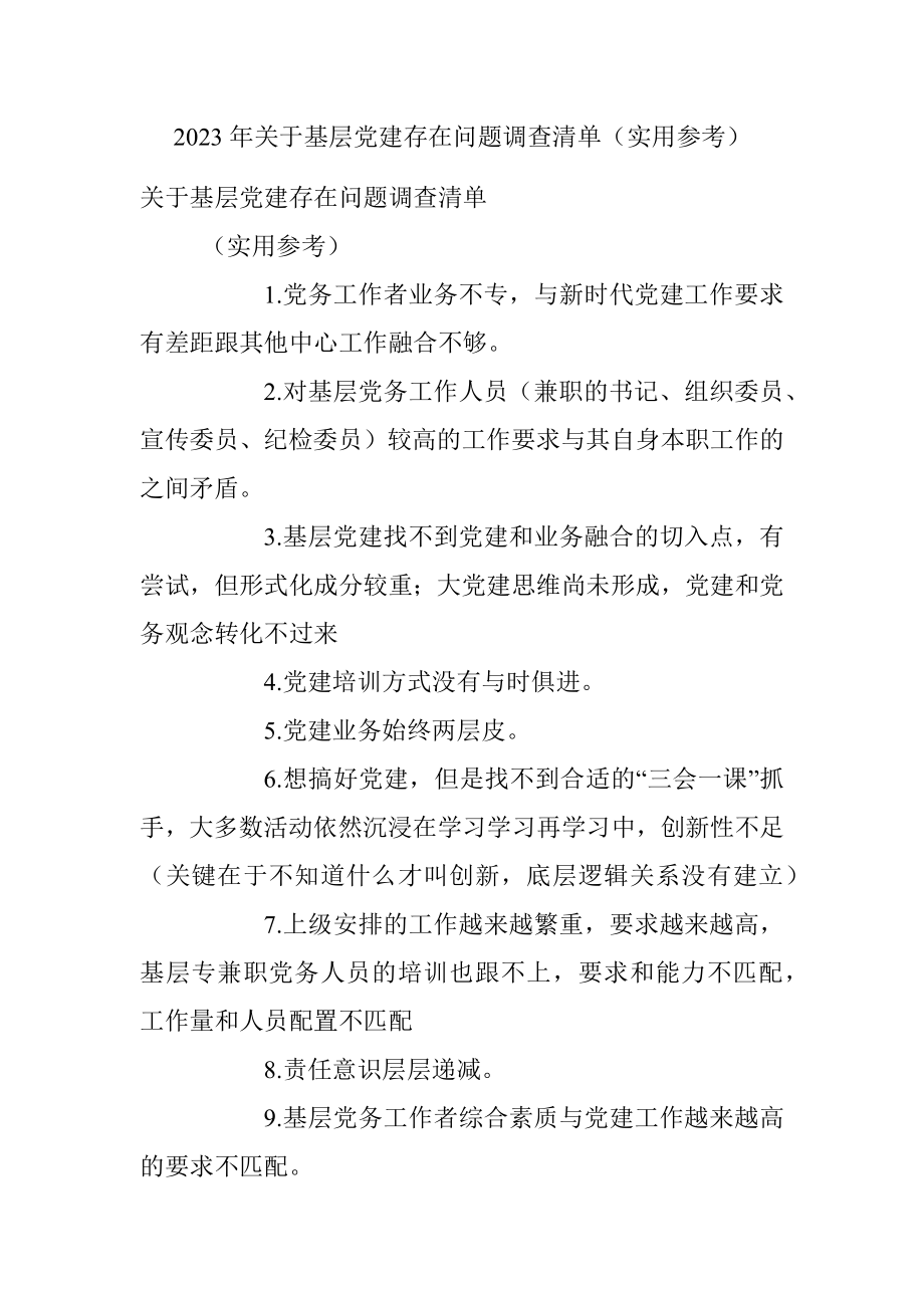 2023年关于基层党建存在问题调查清单（实用参考）.docx_第1页