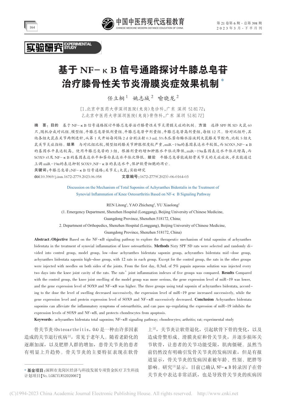 基于NF-κB信号通路探讨...骨性关节炎滑膜炎症效果机制_任立桐.pdf_第1页