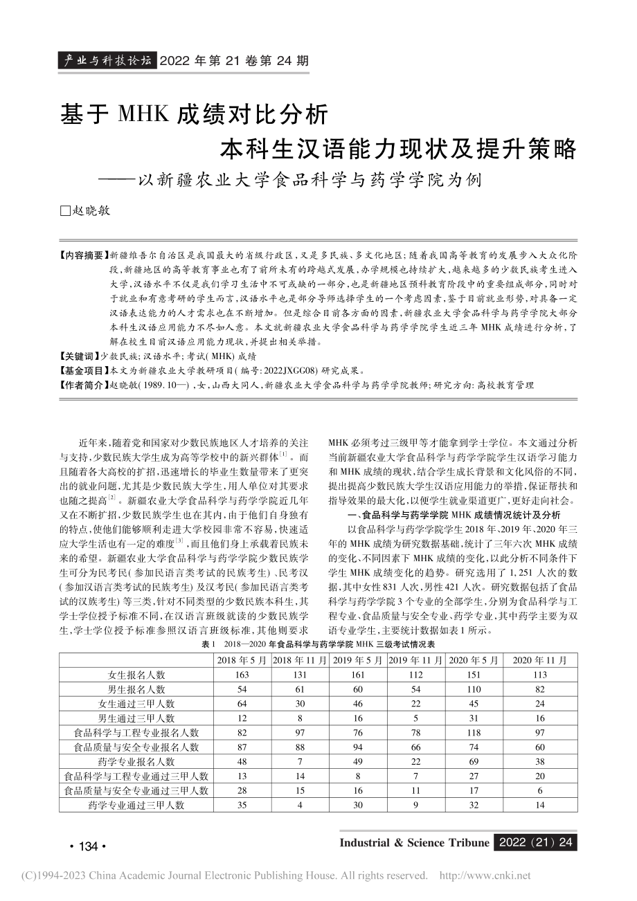 基于MHK成绩对比分析本科...大学食品科学与药学学院为例_赵晓敏.pdf_第1页