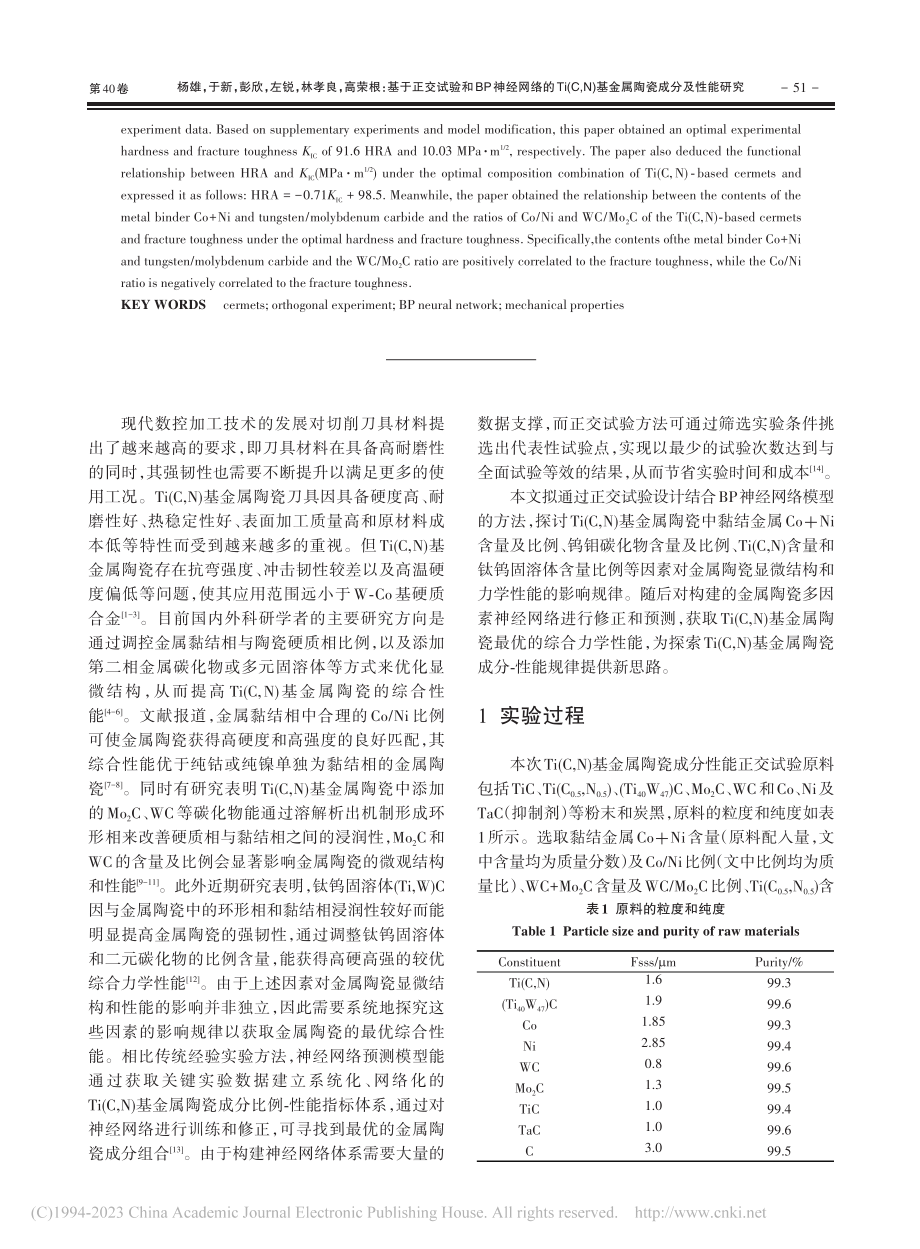 基于正交试验和BP神经网络...)基金属陶瓷成分及性能研究_杨雄.pdf_第2页