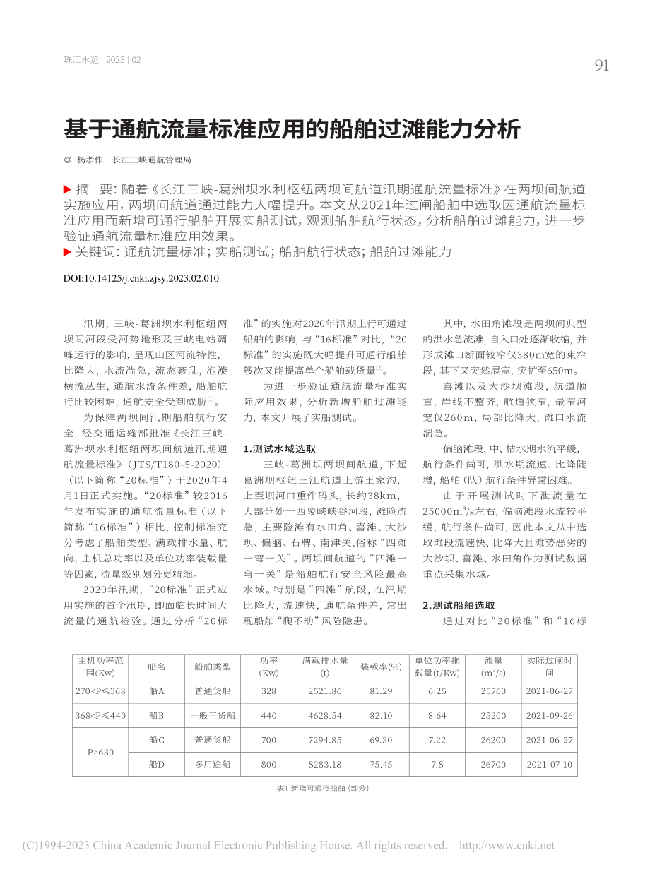 基于通航流量标准应用的船舶过滩能力分析_杨孝作.pdf_第1页