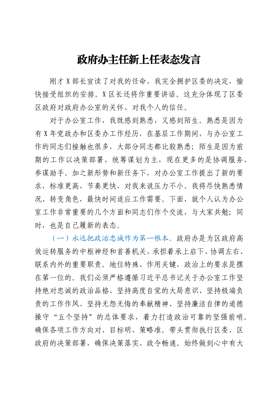 政府办主任新上任表态发言.docx_第1页