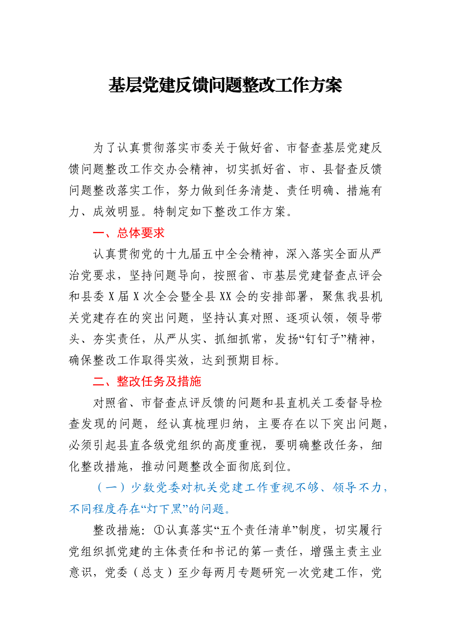 基层党建反馈问题整改工作方案.docx_第1页