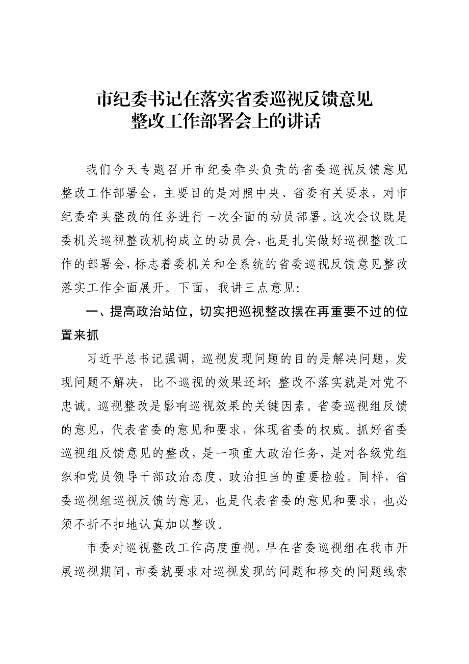 市纪委书记在落实省委巡视反馈意见.docx_第1页