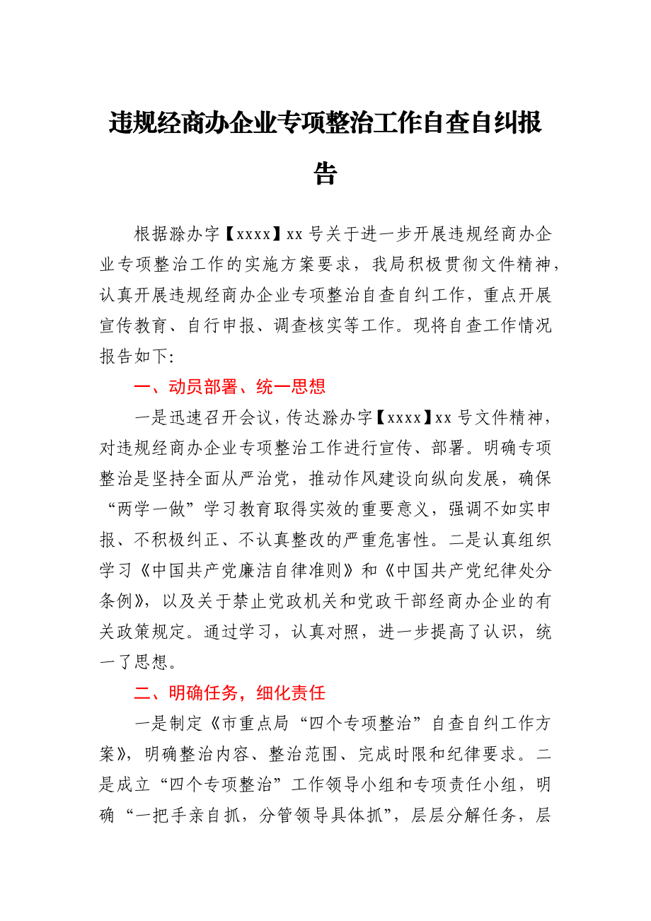 违规经商办企业专项整治工作自查自纠报告.docx_第1页