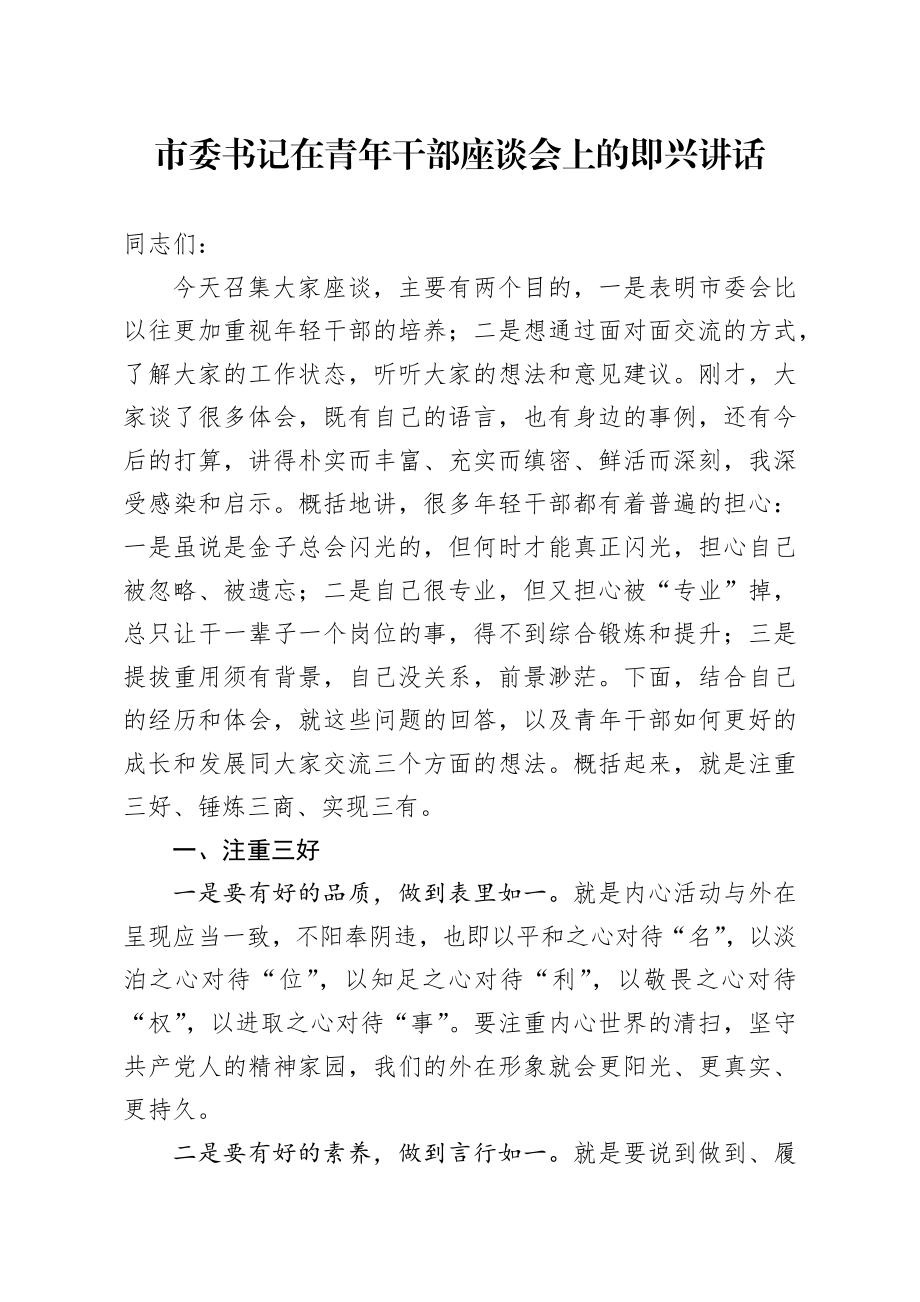 20200119笔友分享市委书记在青年干部座谈会上的即兴讲话.docx_第1页