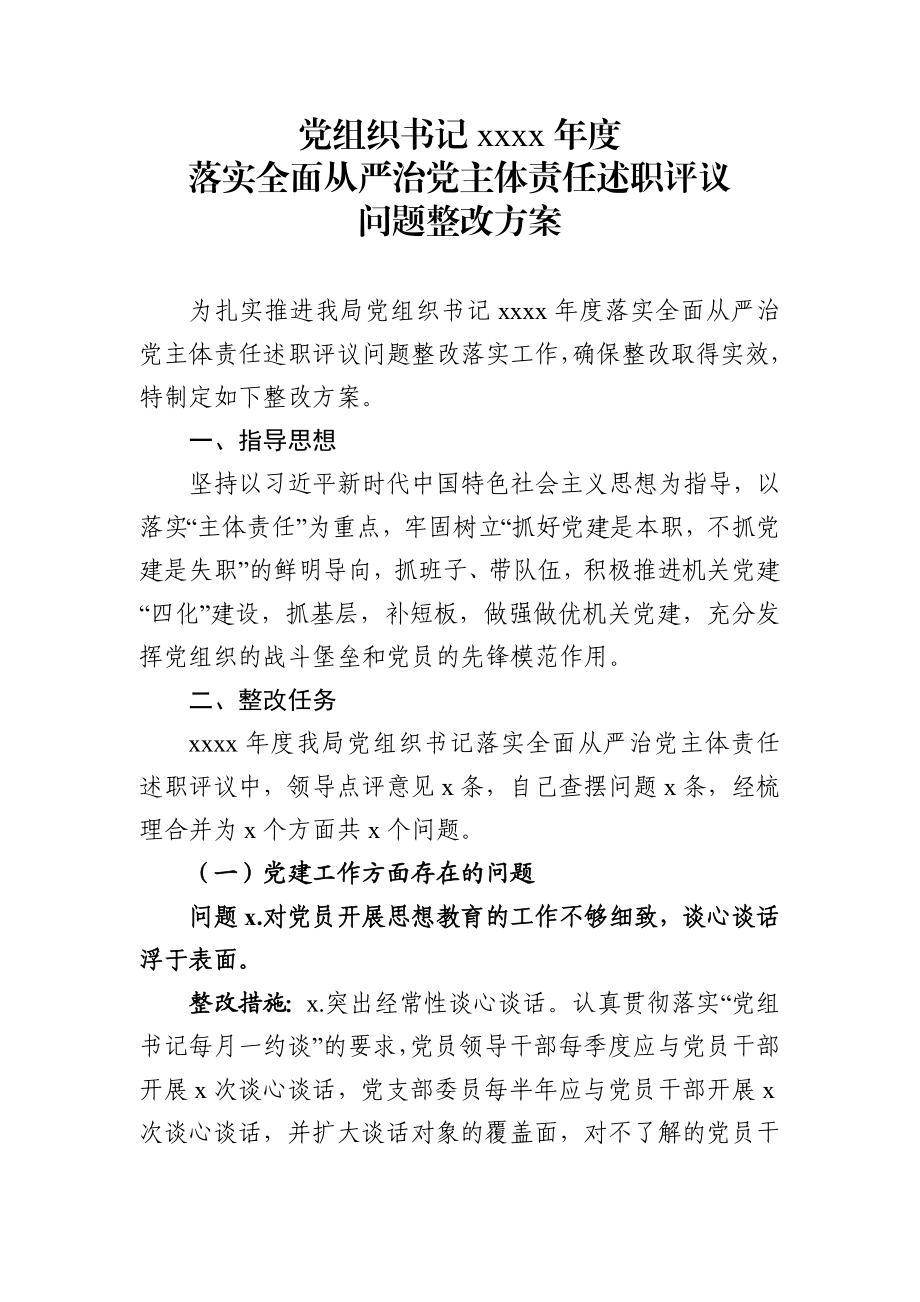 党组织书记2019年度落实全面从严治党主体责任述职评议问题整改方案.docx_第1页