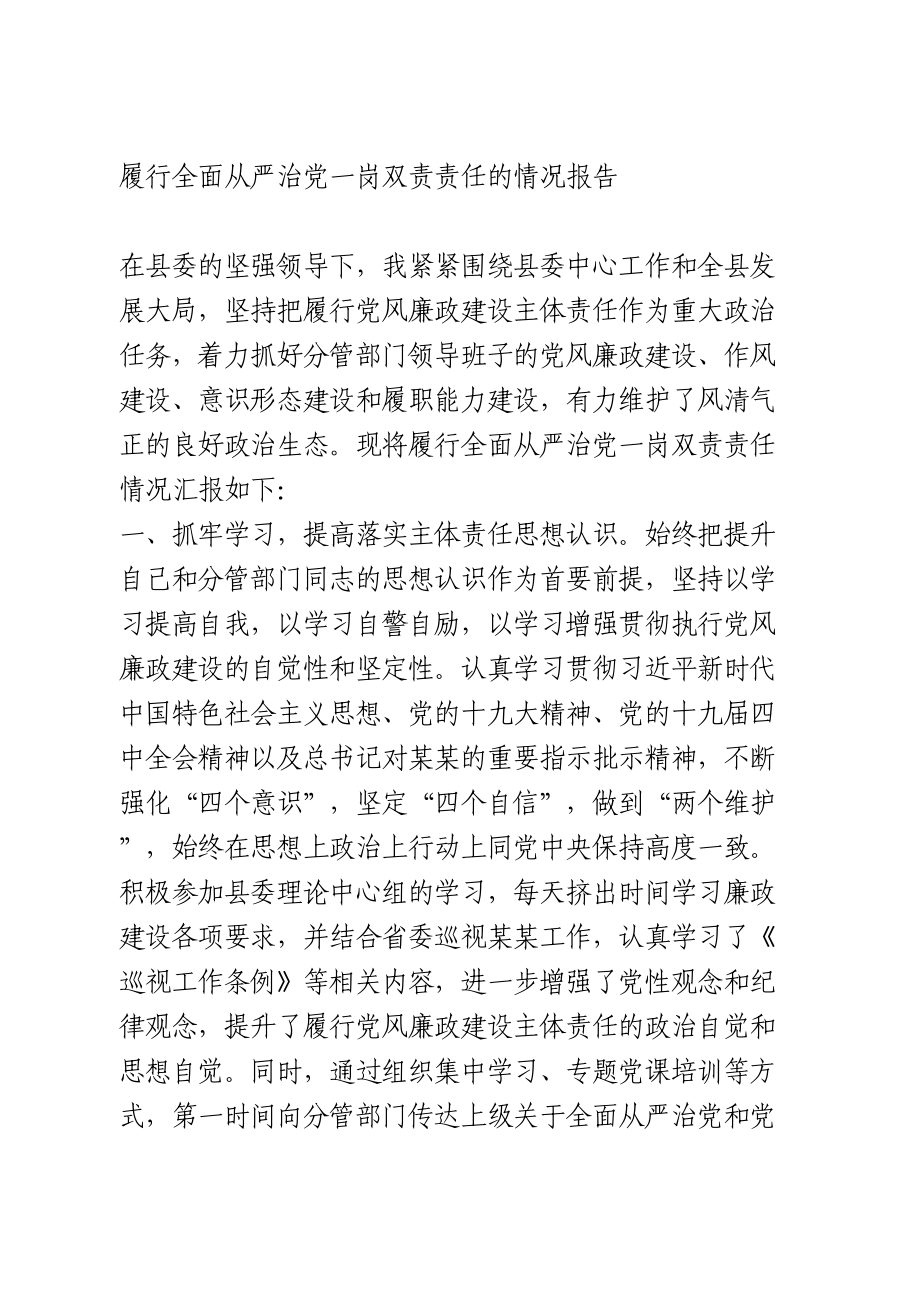 履行全面从严治党一岗双责责任的情况报告.doc_第1页