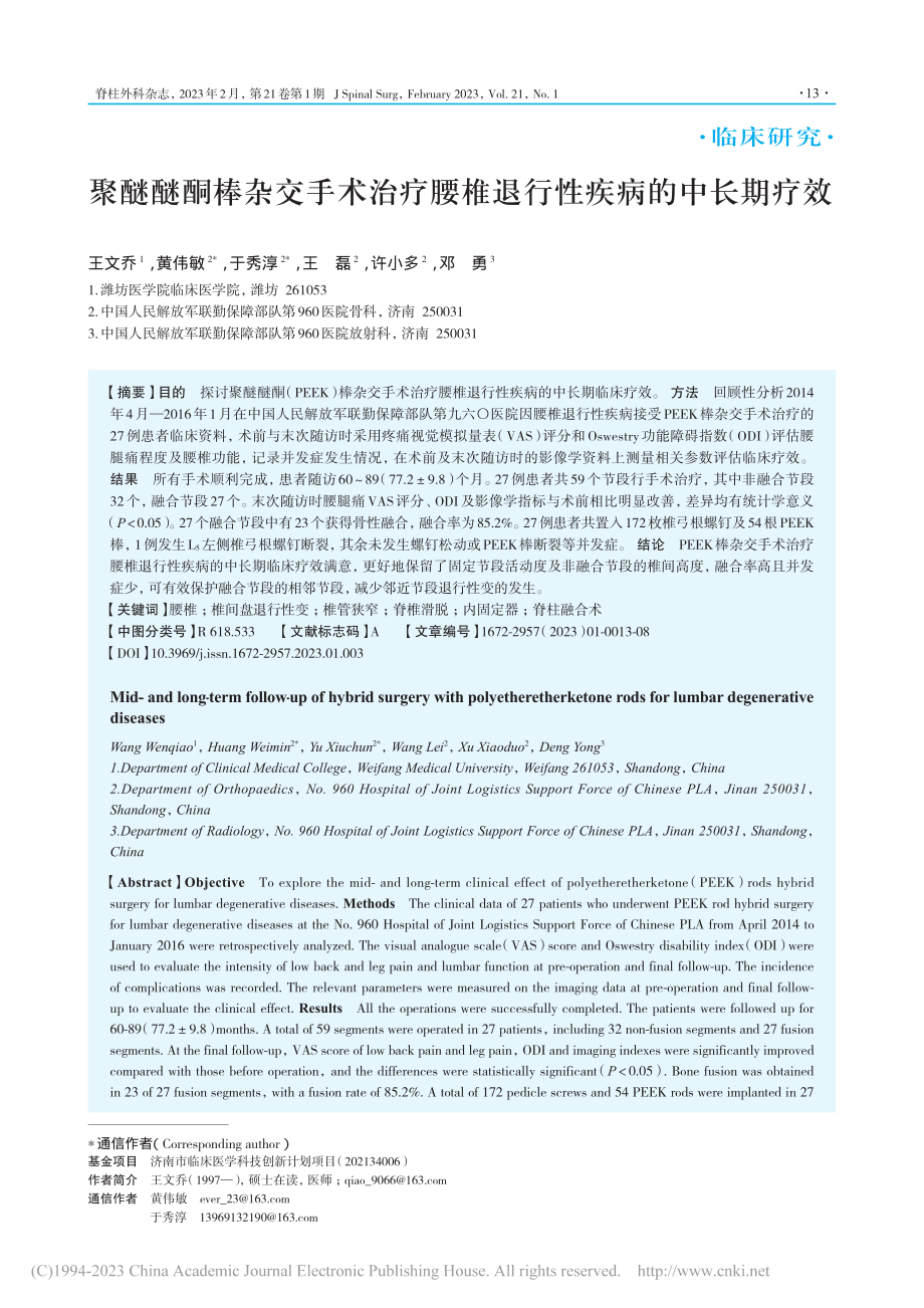 聚醚醚酮棒杂交手术治疗腰椎退行性疾病的中长期疗效_王文乔.pdf_第1页