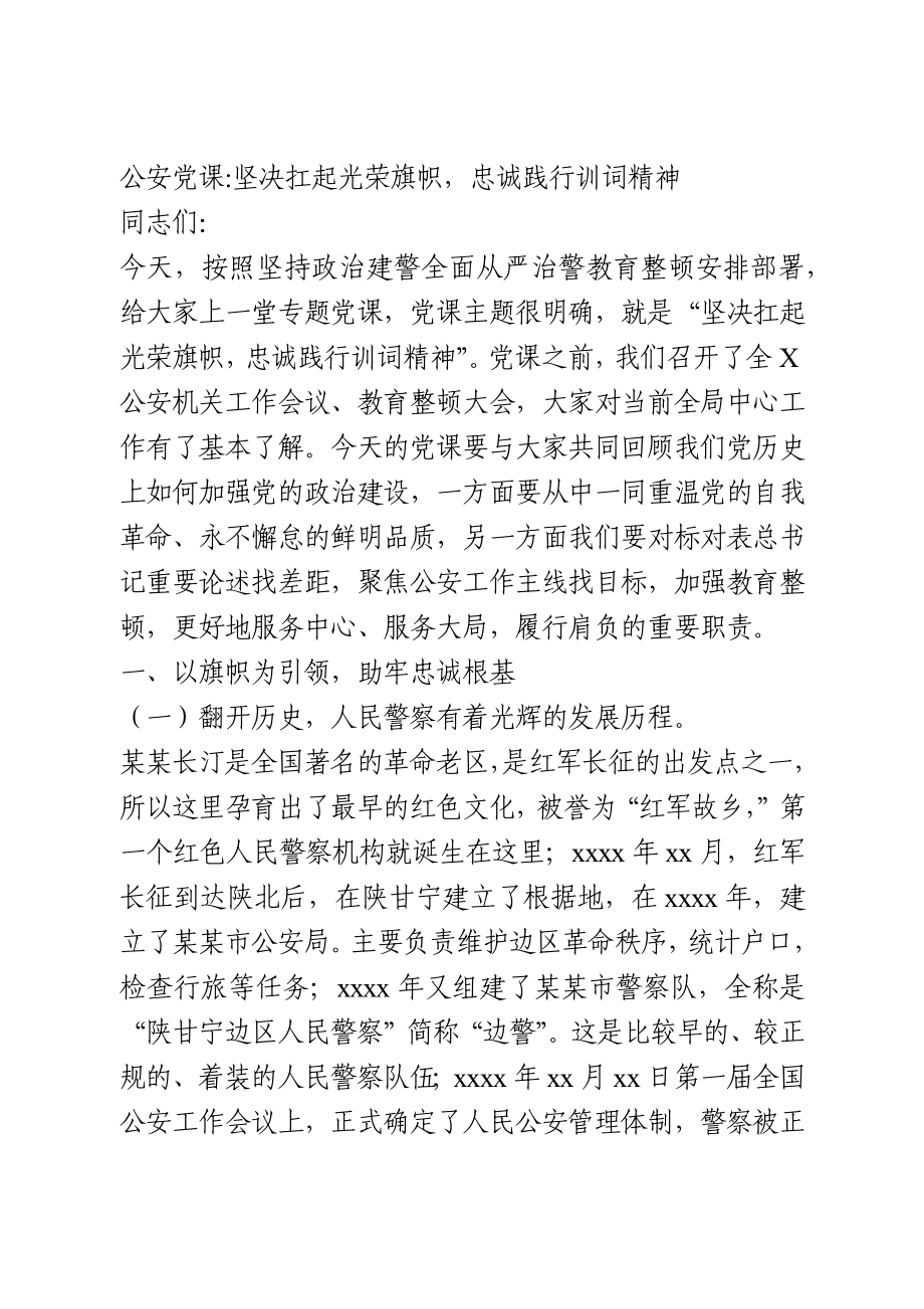 公安党课：坚决扛起光荣旗帜忠诚践行训词精神.docx_第1页