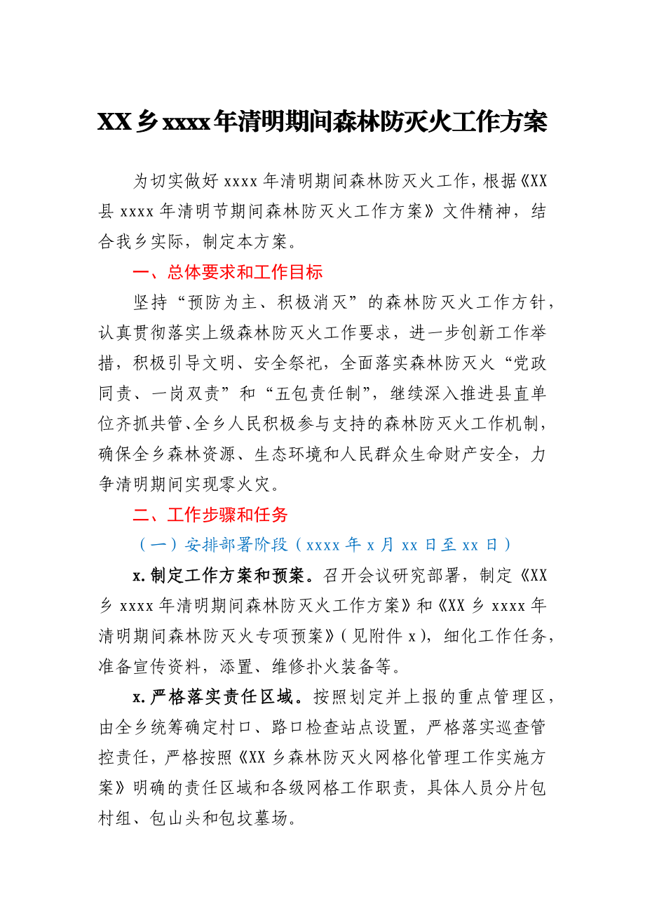 XX乡2021年清明期间森林防灭火工作方案.docx_第1页